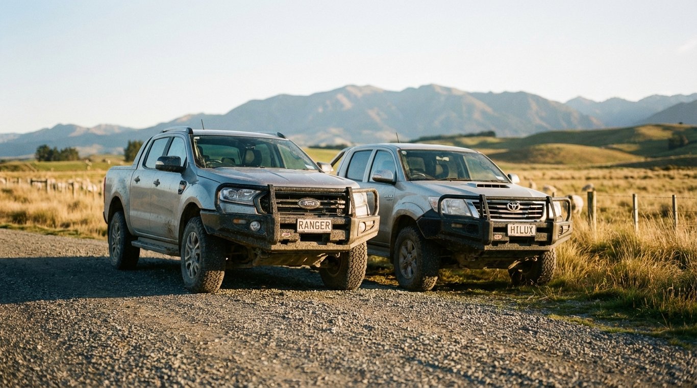 Ford Ranger and Toyota Hilux parked side by side showing cab and load beds