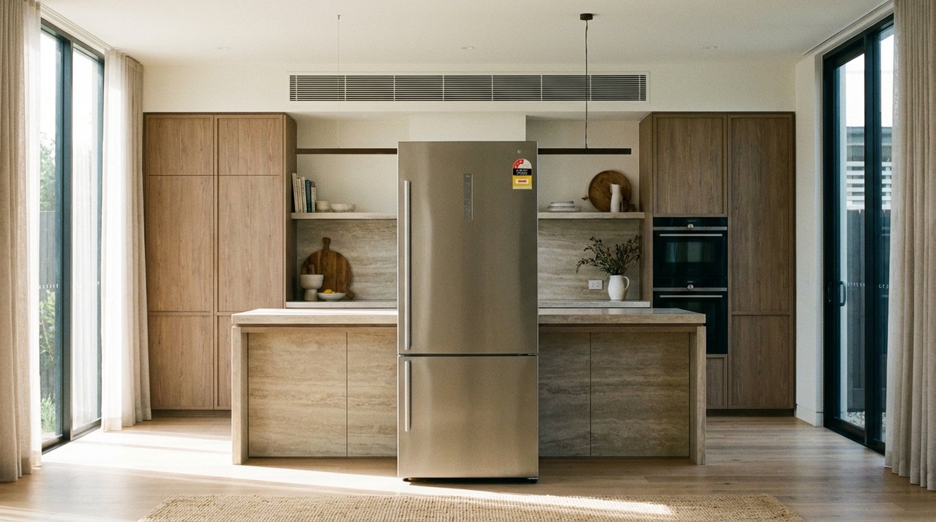 Refrigerator in a modern kitchen with an Energy Rating label visible on the door