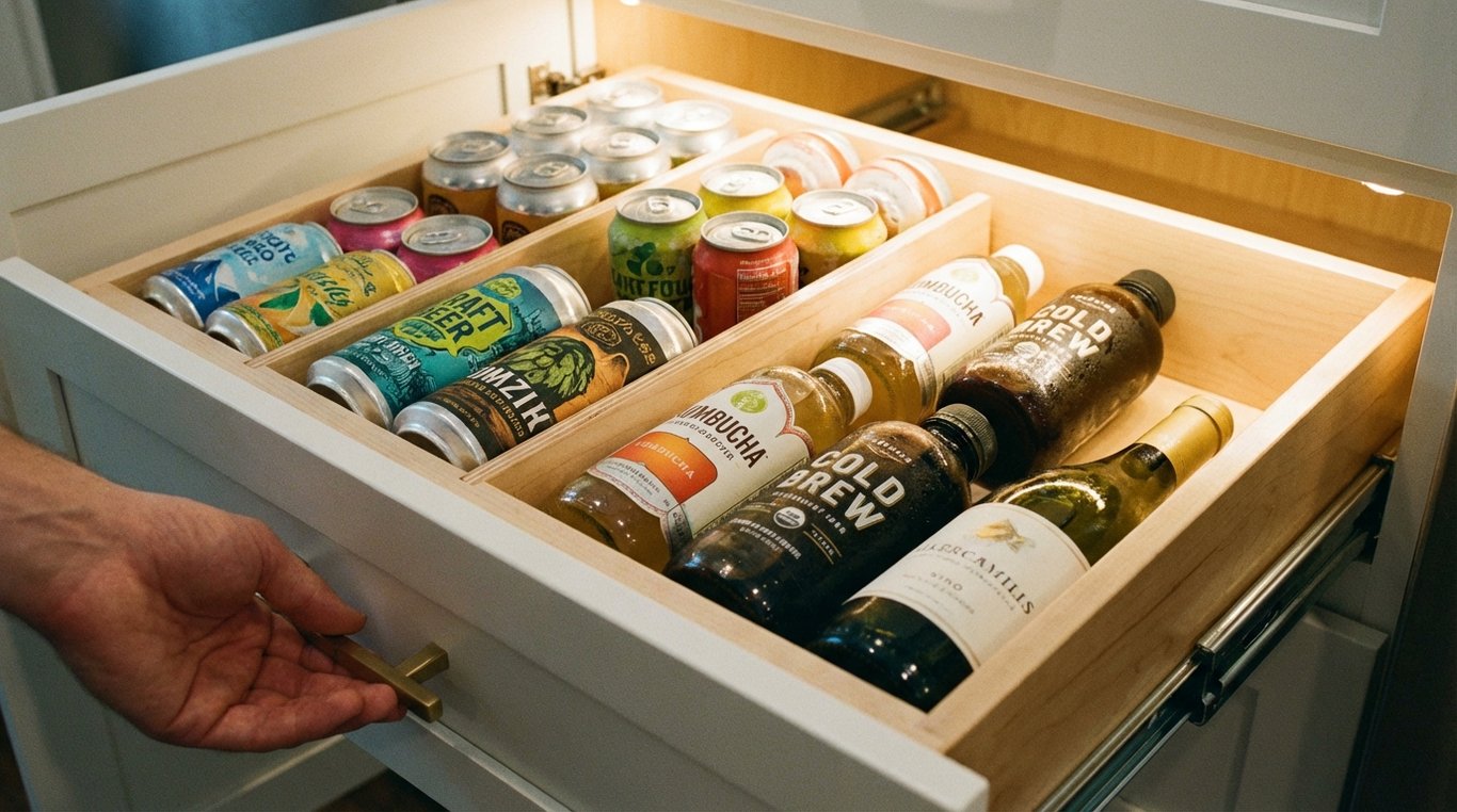 Pull‑out beverage drawer stocked with cans and bottles