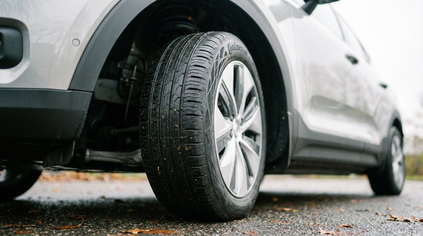 Close view of an electric car wheel and tyre showing tread and rim