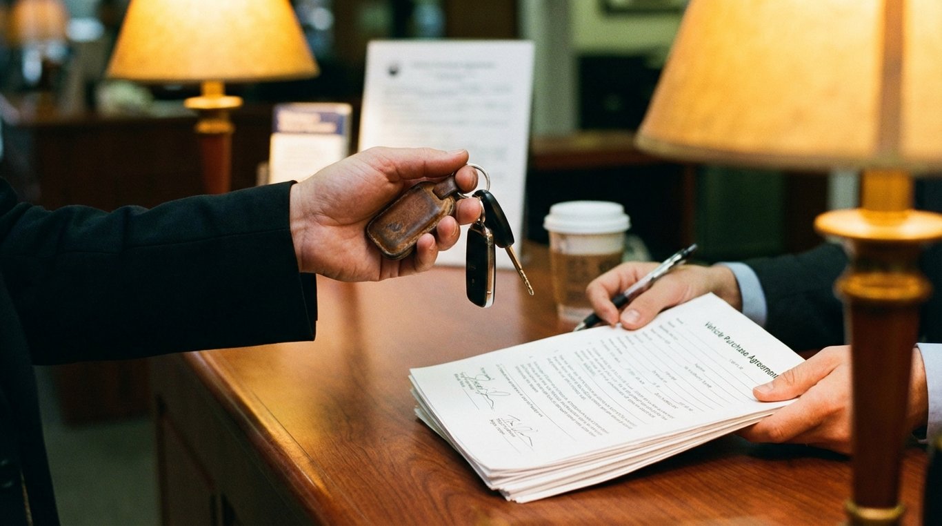 Hands exchanging car keys and paperwork over a dealer counter