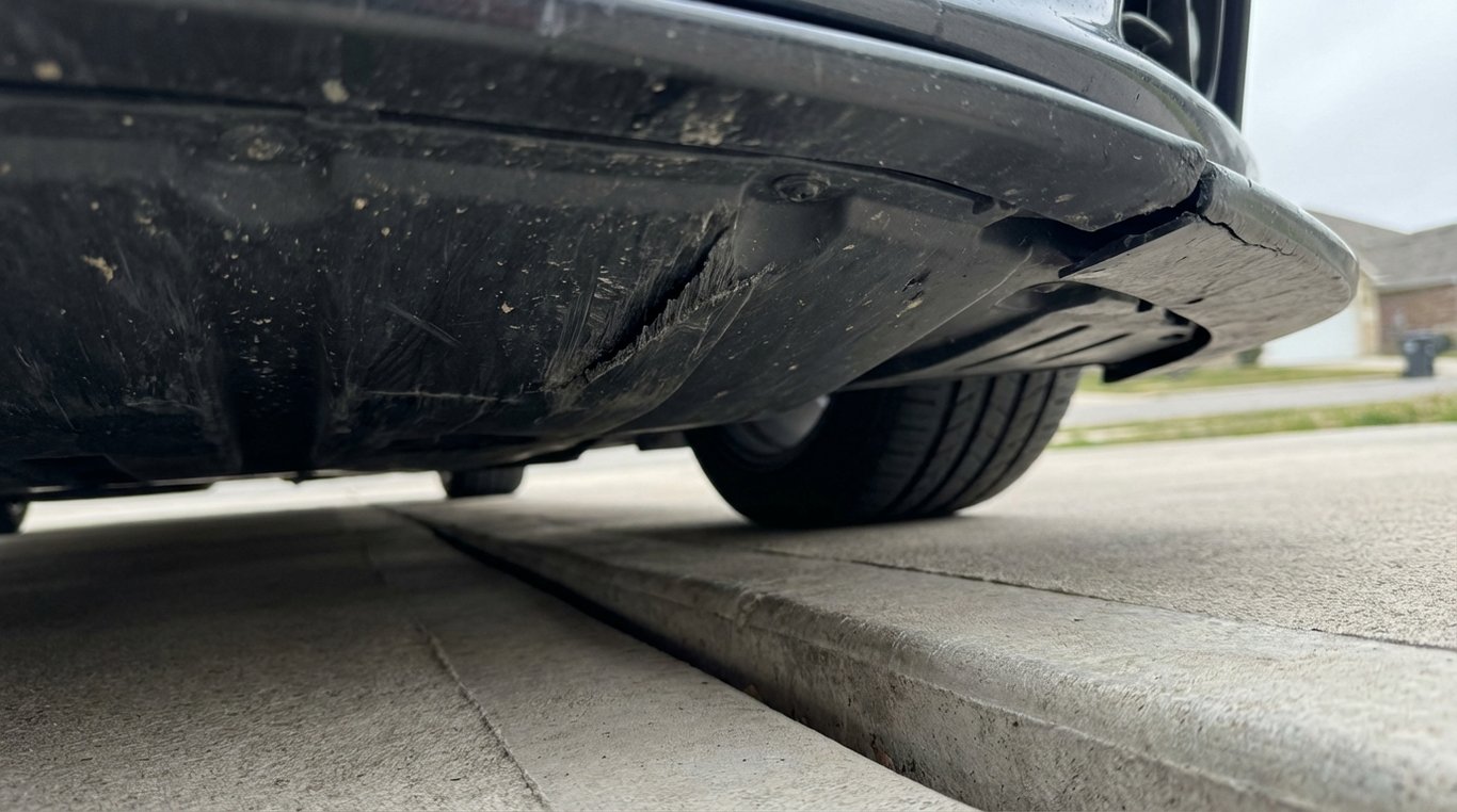 Scuff marks on a car undertray after contacting a driveway lip