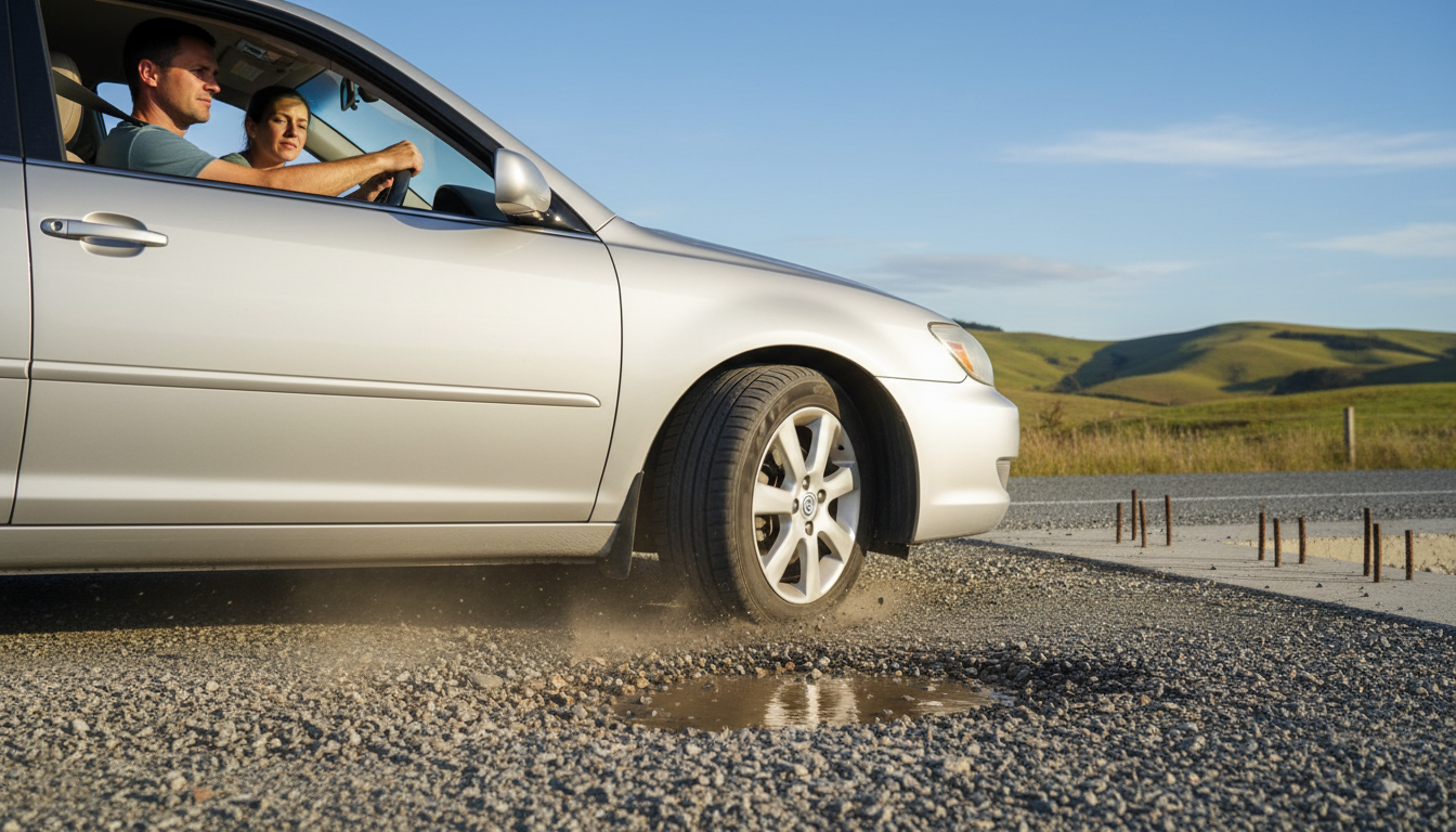 Car wheel hitting rough chipseal patch with visible vehicle reaction and interior showing driver bracing