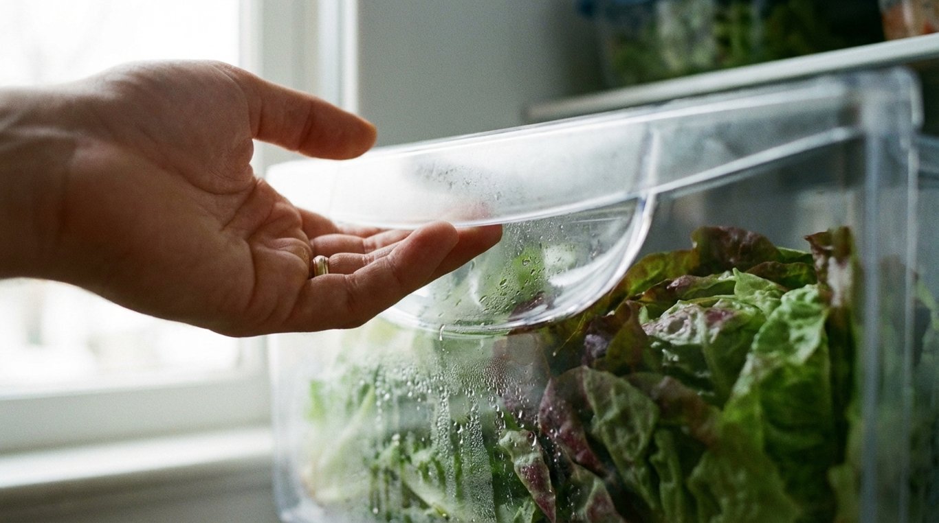 Hand closing a sealed high-humidity crisper with lettuce visible
