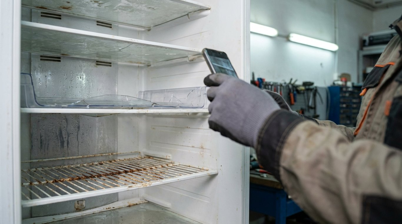 Technician photographing a fridge interior for a warranty claim