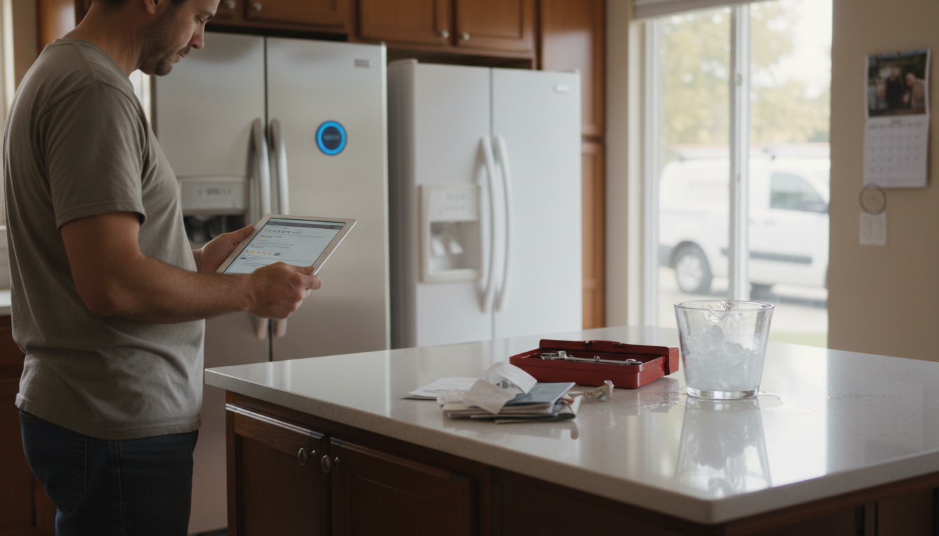 Homeowner checking fridge reviews on a tablet in a kitchen with a modern French‑door and a simple top‑mount fridge visible, toolbox and slushy ice bucket nearby.