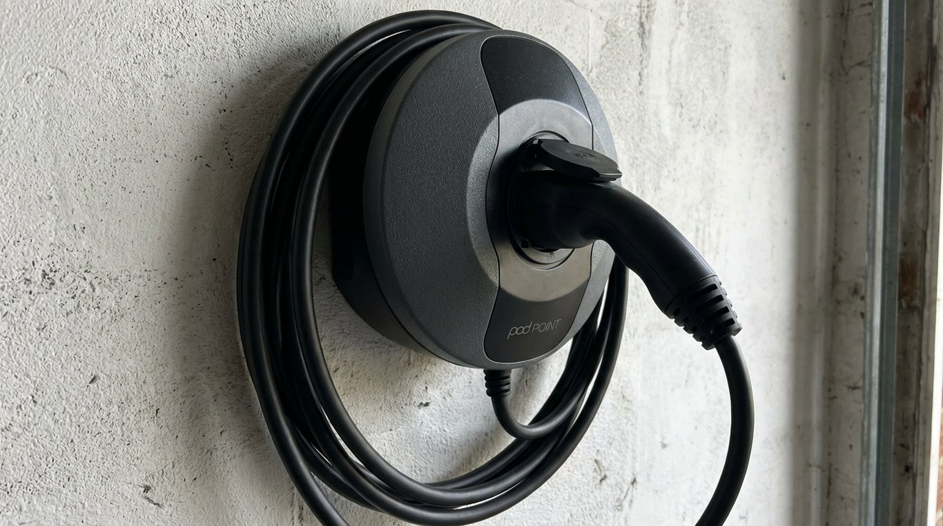 Tethered wallbox mounted on a garage wall with cable coiled