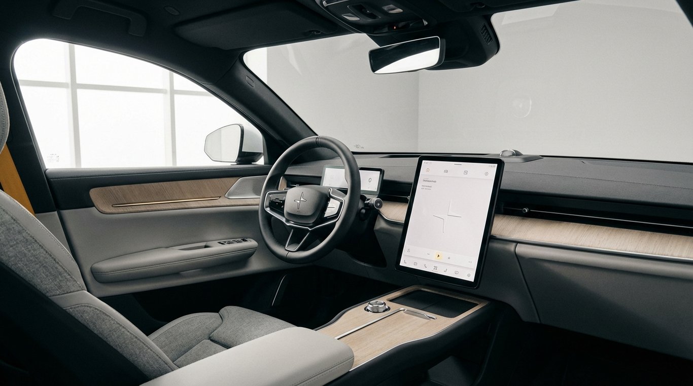 Car interior with large central touchscreen and visible steering wheel controls