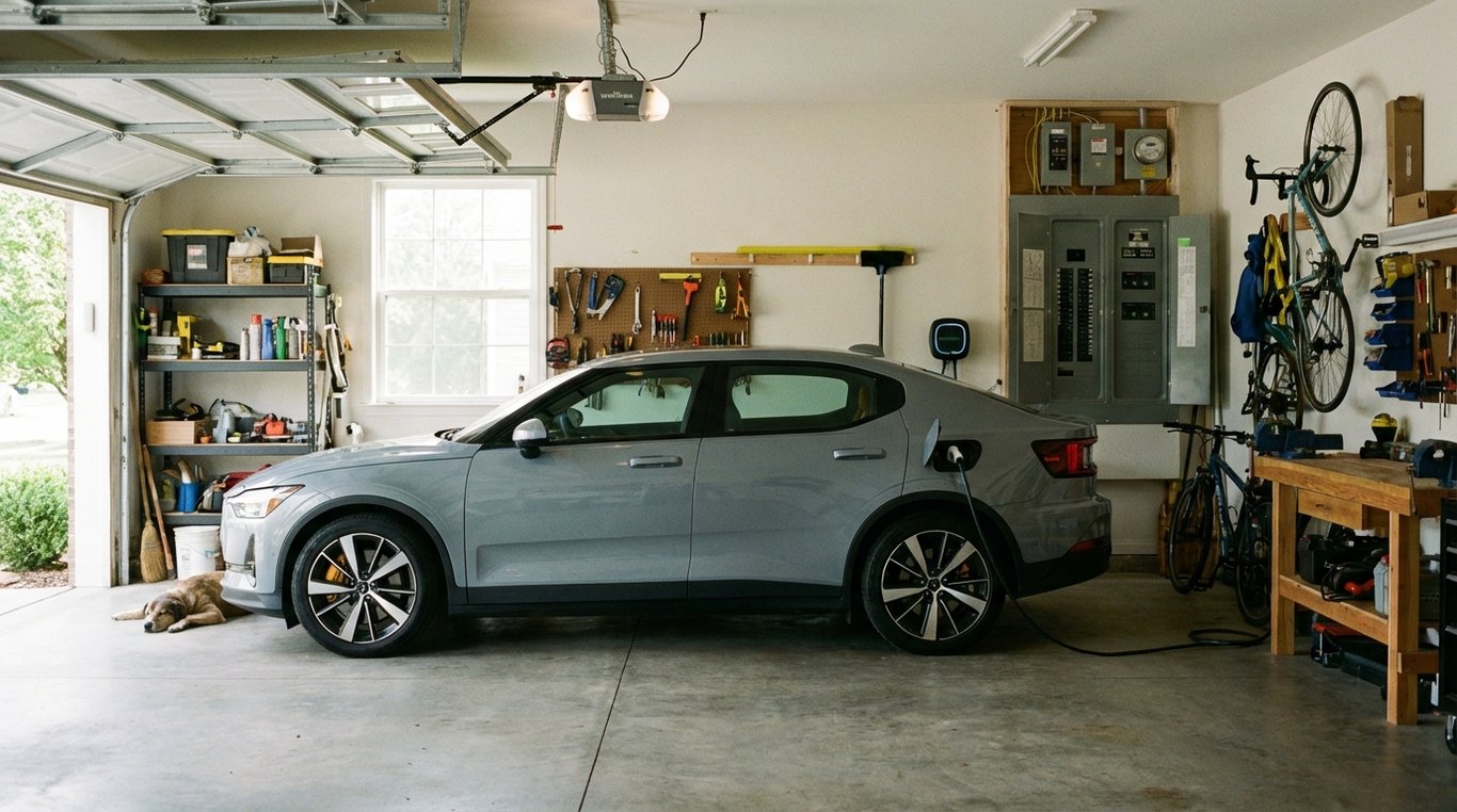 EV connected to a wallbox in a suburban garage with the switchboard visible nearby