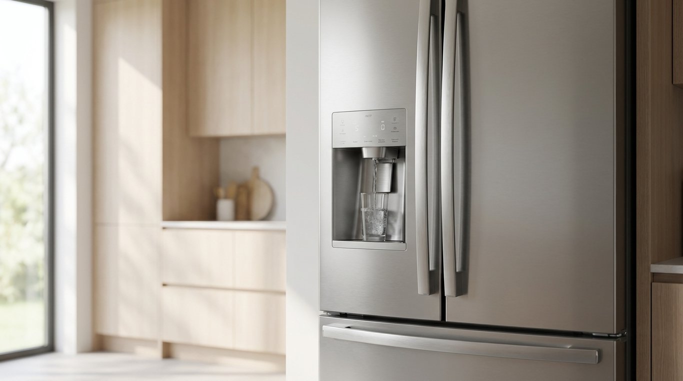 Modern stainless-steel refrigerator with a through-the-door water and ice dispenser in a kitchen