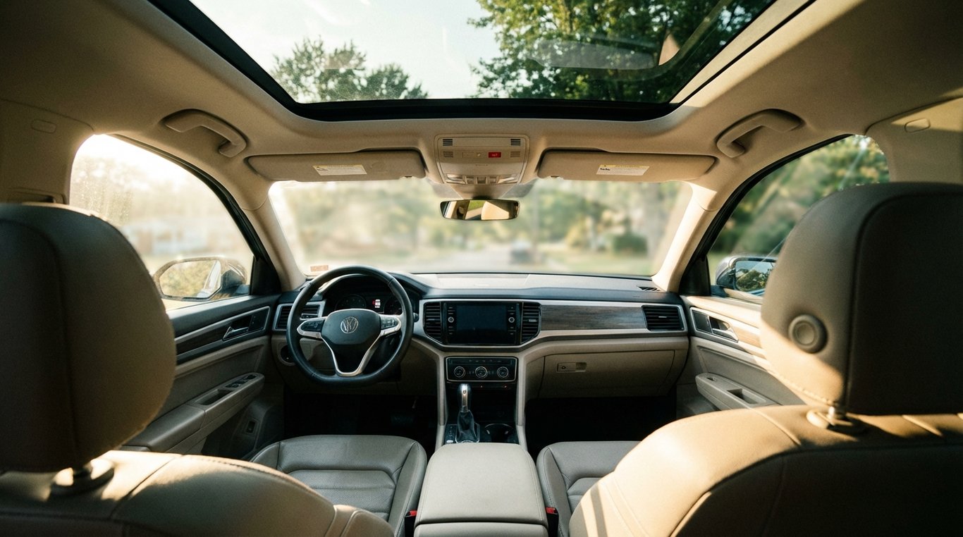 Front cabin view showing driver and passenger seats, dashboard and a panoramic roof