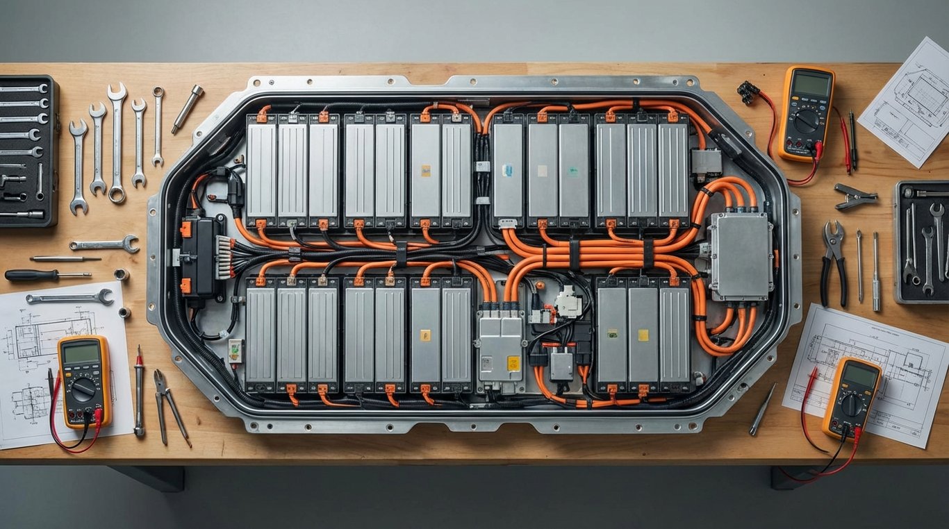 Electric vehicle battery pack on a workbench showing cell modules and wiring