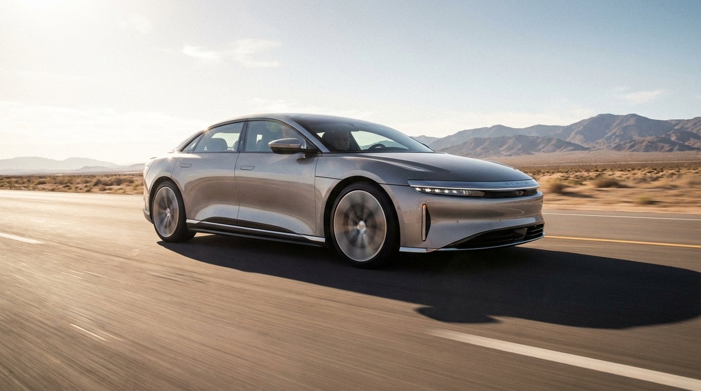 Electric car on a highway showing aerodynamic silhouette