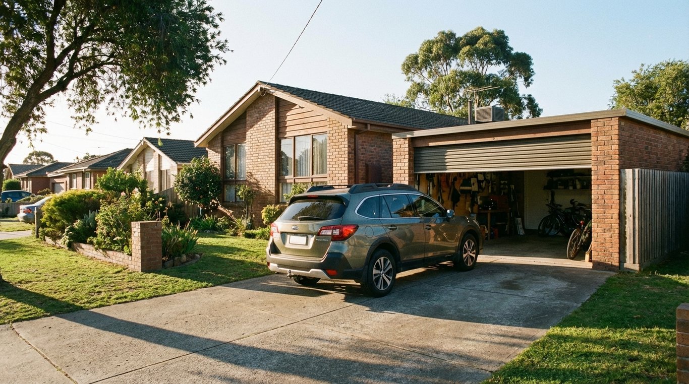 Mid-size SUV approaching a suburban single-car garage