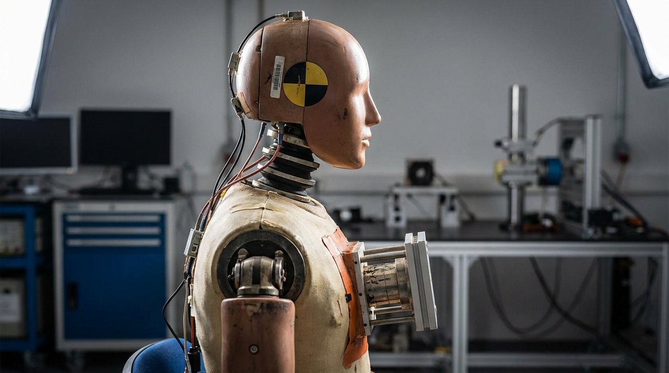 Crash-test dummy strapped in a car seat with visible sensors and lab equipment
