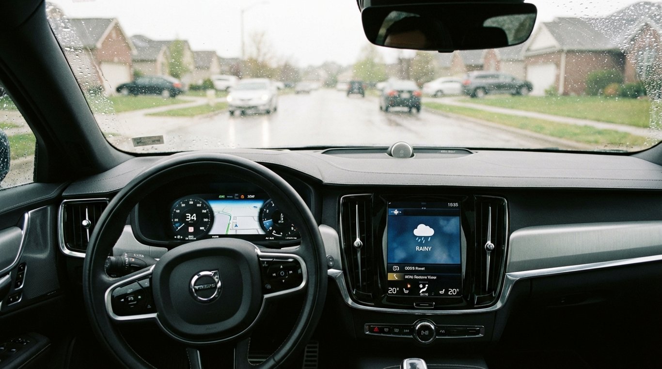 Driver view of dashboard and wet suburban street through the windscreen