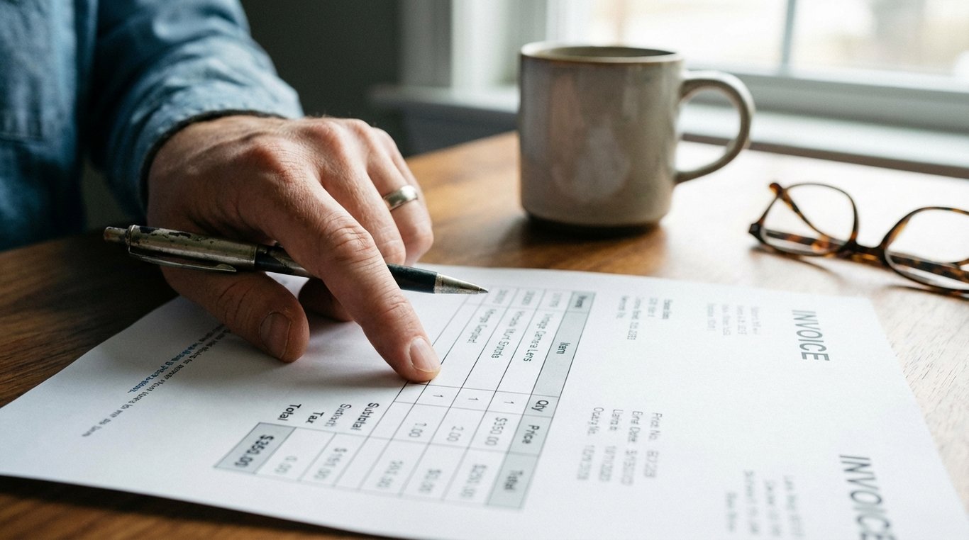 Hand pointing at line items on an itemised car purchase worksheet