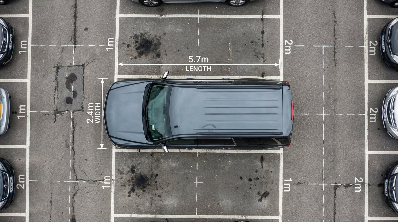 An SUV nearly filling a marked parking bay with measurement markings on the ground