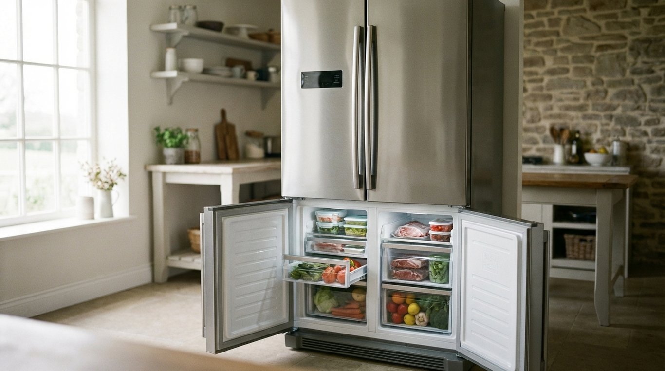 Stainless steel fridge-freezer open to show drawers and shelves inside a modern kitchen