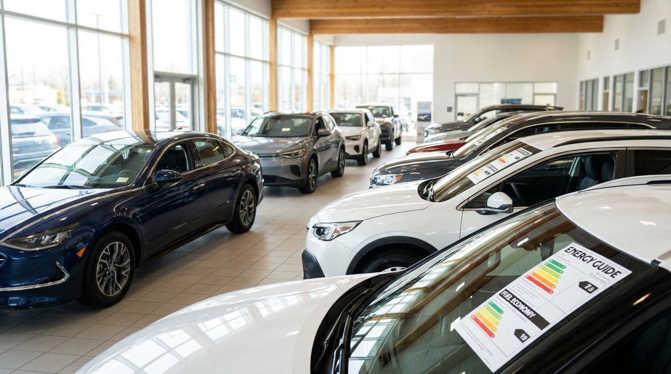 Car dealership showroom with petrol and electric models and visible energy and fuel labels