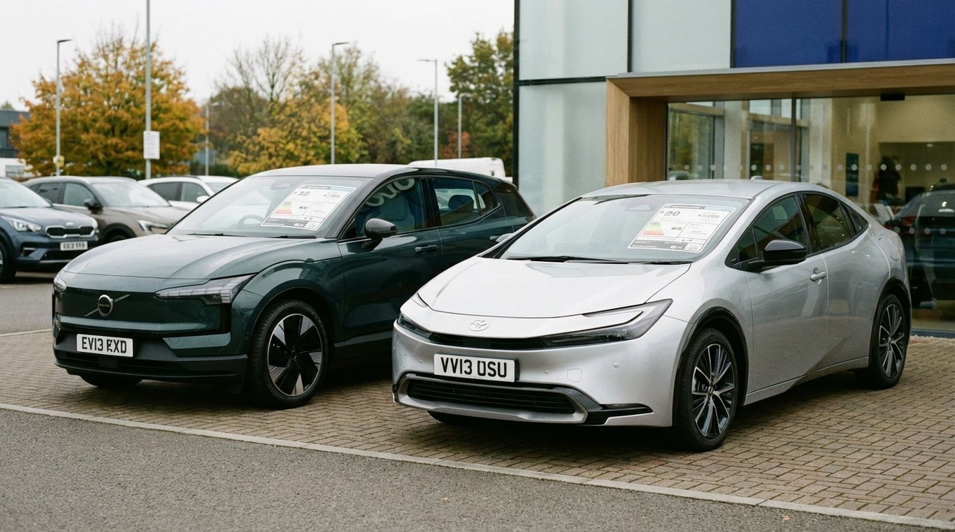 Two new cars at a dealership with fuel economy labels on their windscreens