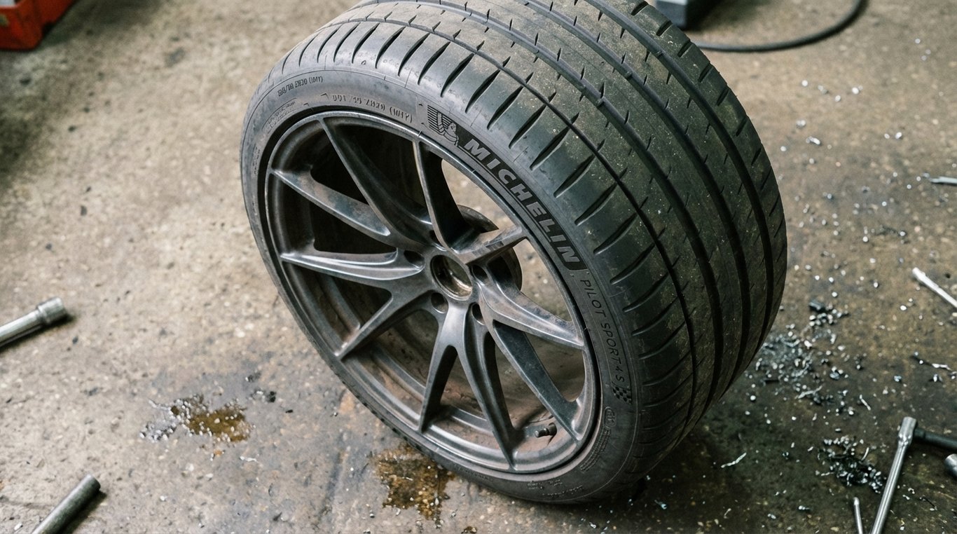 Close view of a car tyre and alloy wheel showing tread and sidewall markings