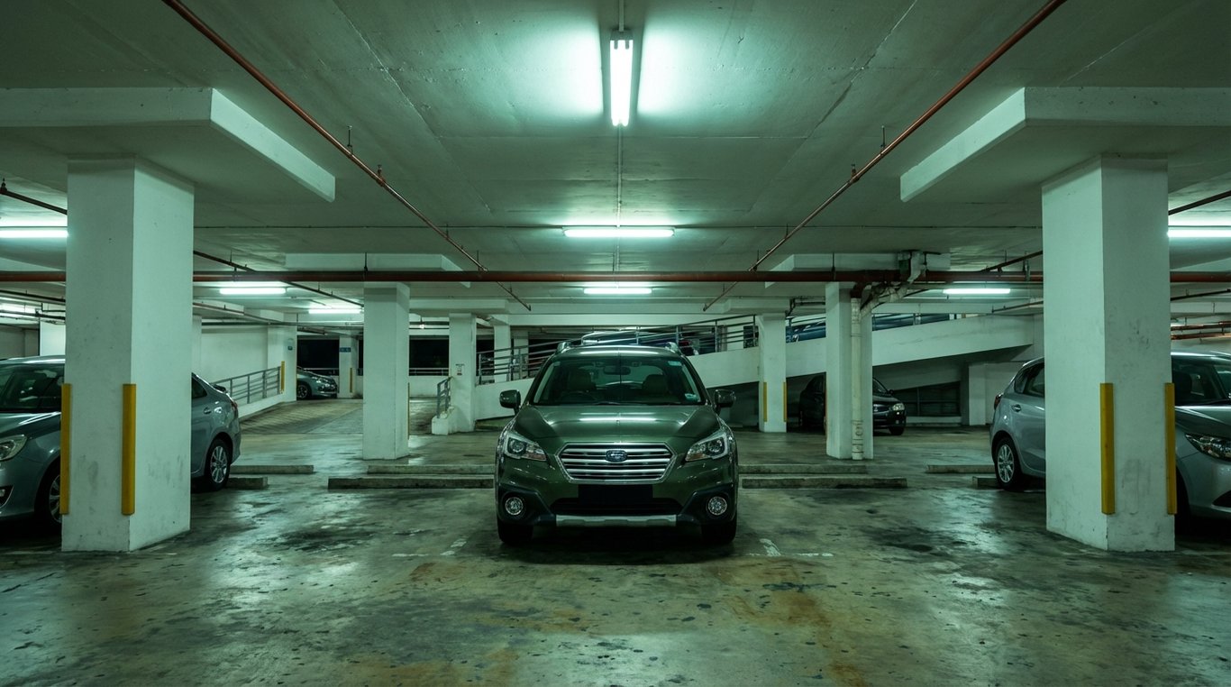 Mid-size SUV parked in an apartment carpark bay with concrete columns close by