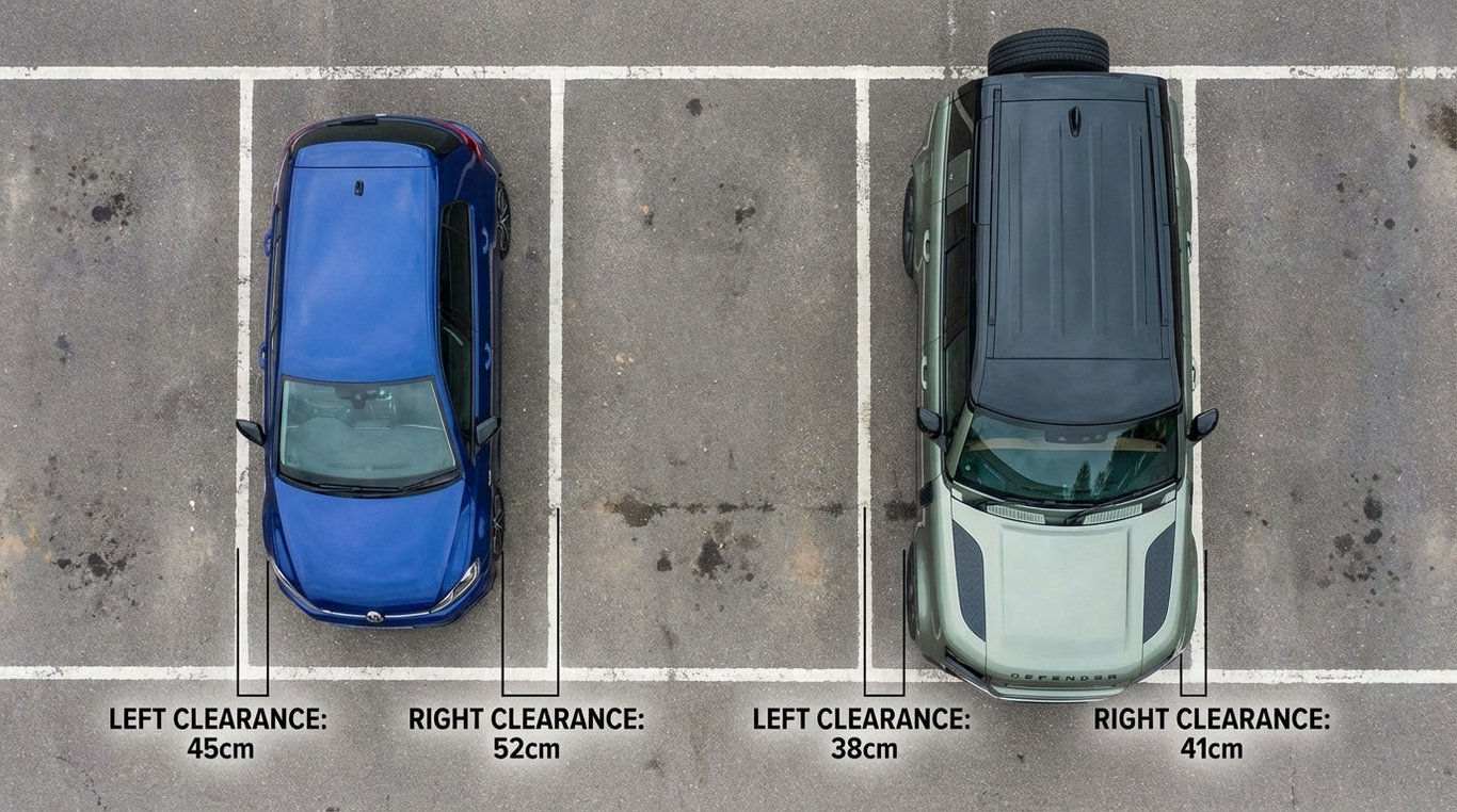 Overhead view of two cars side by side in parking bays with measurable clearance