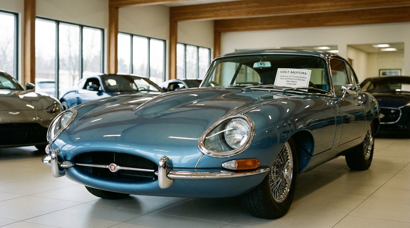 Three-quarter front view of a new car on a showroom floor with a visible window sticker