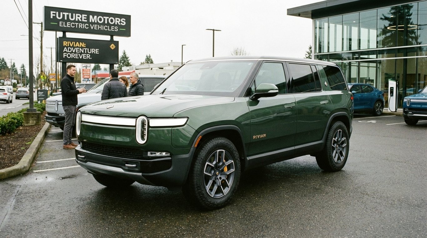 Small electric SUV parked at a dealership forecourt with a price placard