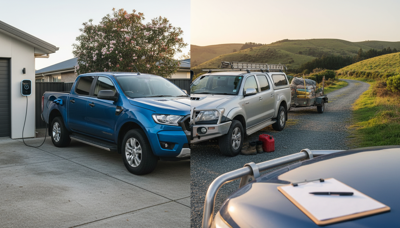 Two utes side-by-side: one charging in an urban driveway, the other rural and loaded with gear; clipboard and work boots in foreground.