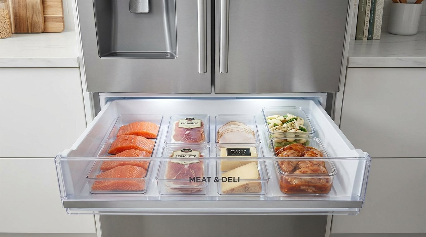 Open fridge showing a pulled-out meat and deli drawer with containers of fish, meat and cheeses