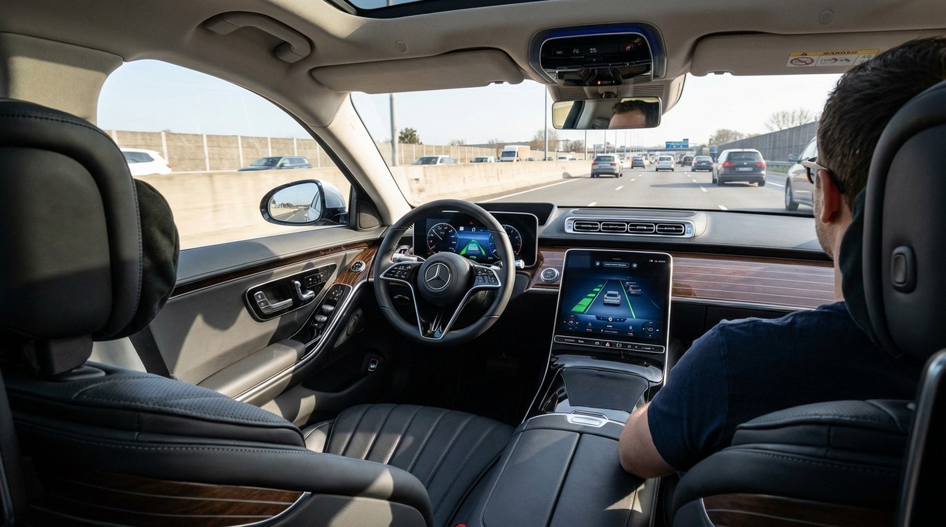 Interior view of a car showing steering wheel and dashboard with driver-assist display on a motorway