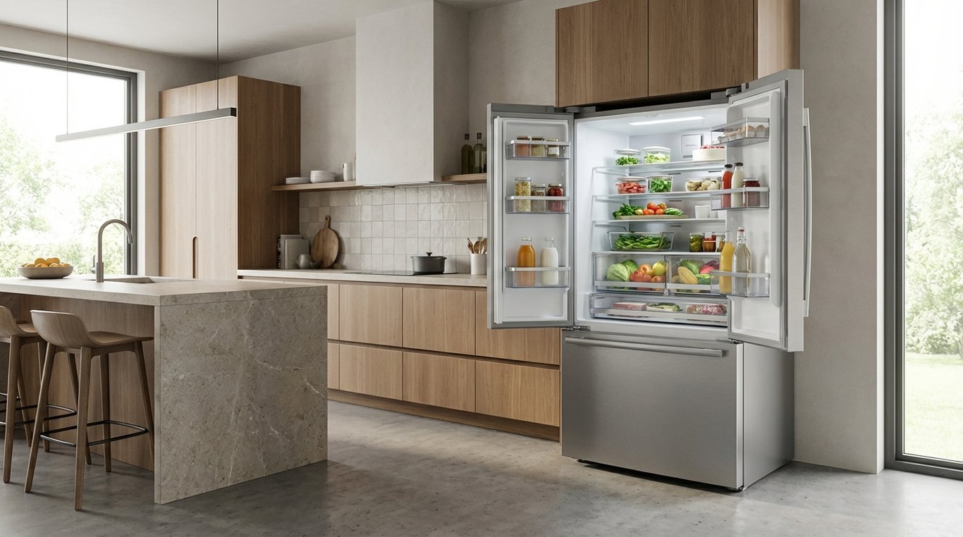Open stainless steel French-door refrigerator showing shelves, door bins and interior lighting