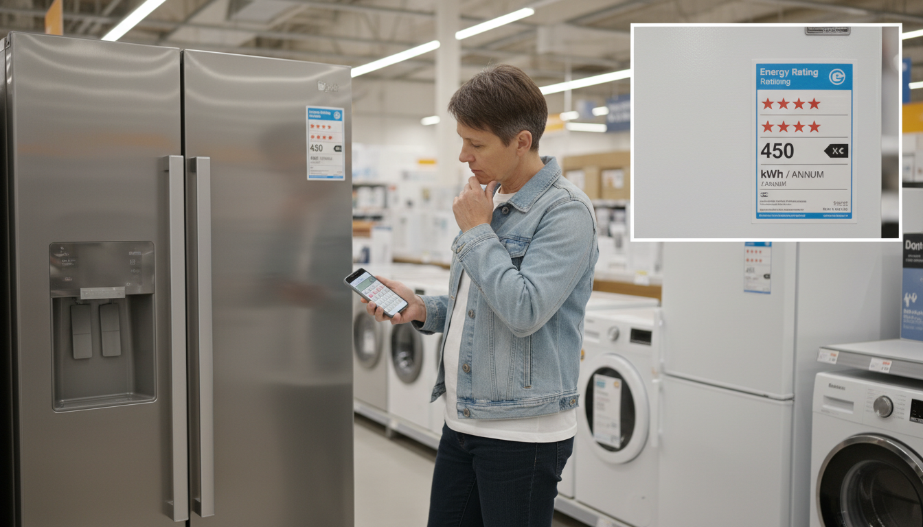 Shopper comparing energy labels and kWh on a large French‑door and smaller top‑mount refrigerator while using a phone calculator in an appliance aisle.