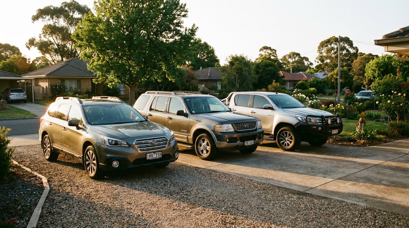Line-up of hatchback, SUV and ute parked side by side in a suburban driveway