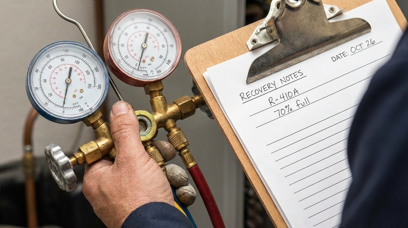 Hand holding refrigerant recovery gauges next to a clipboard with service notes