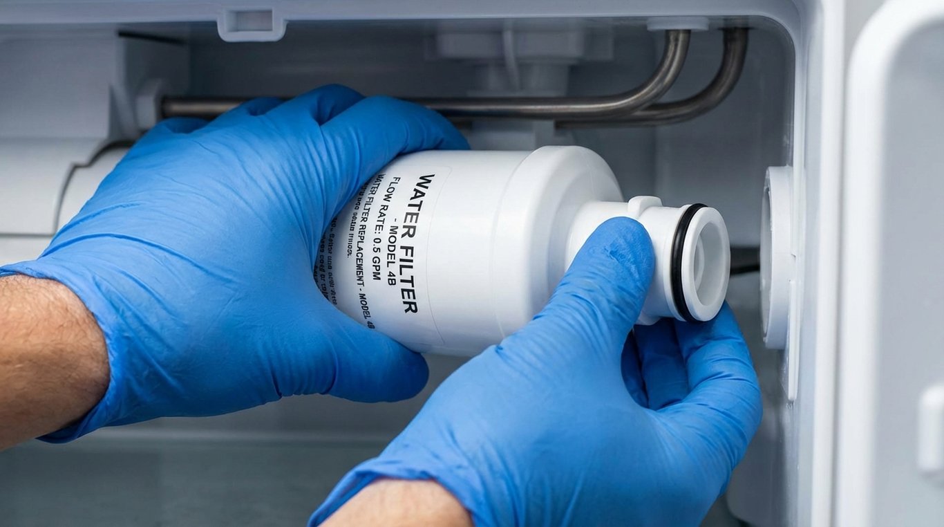 Hands replacing a cylindrical water filter inside a refrigerator