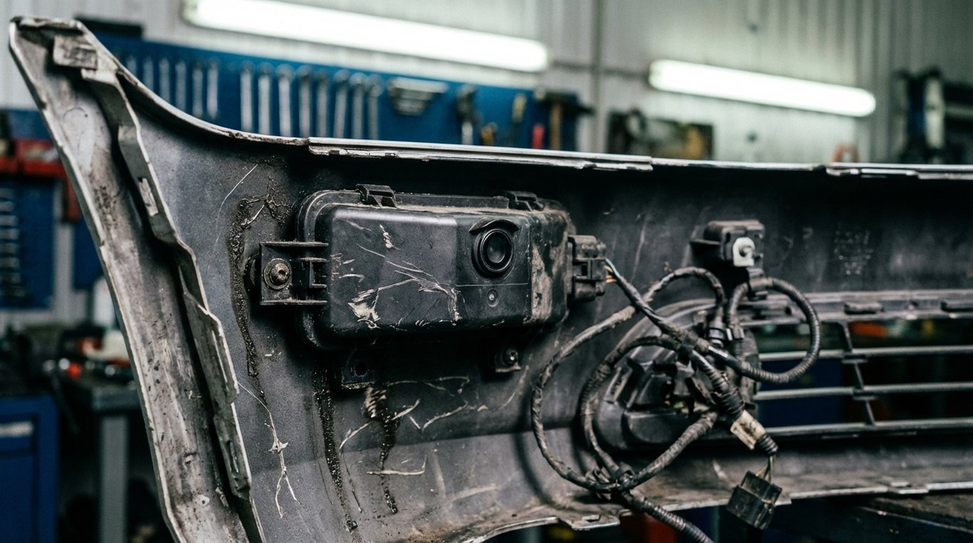 Rear bumper area removed to expose radar sensor housing and wiring