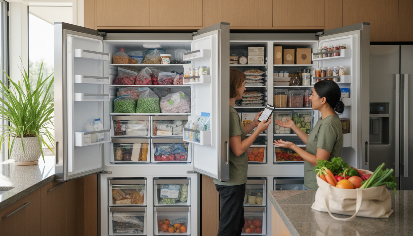 Kitchen showing an overcrowded freezer beside an organized freezer with stackable pouches, a tape measure and a person comparing them.