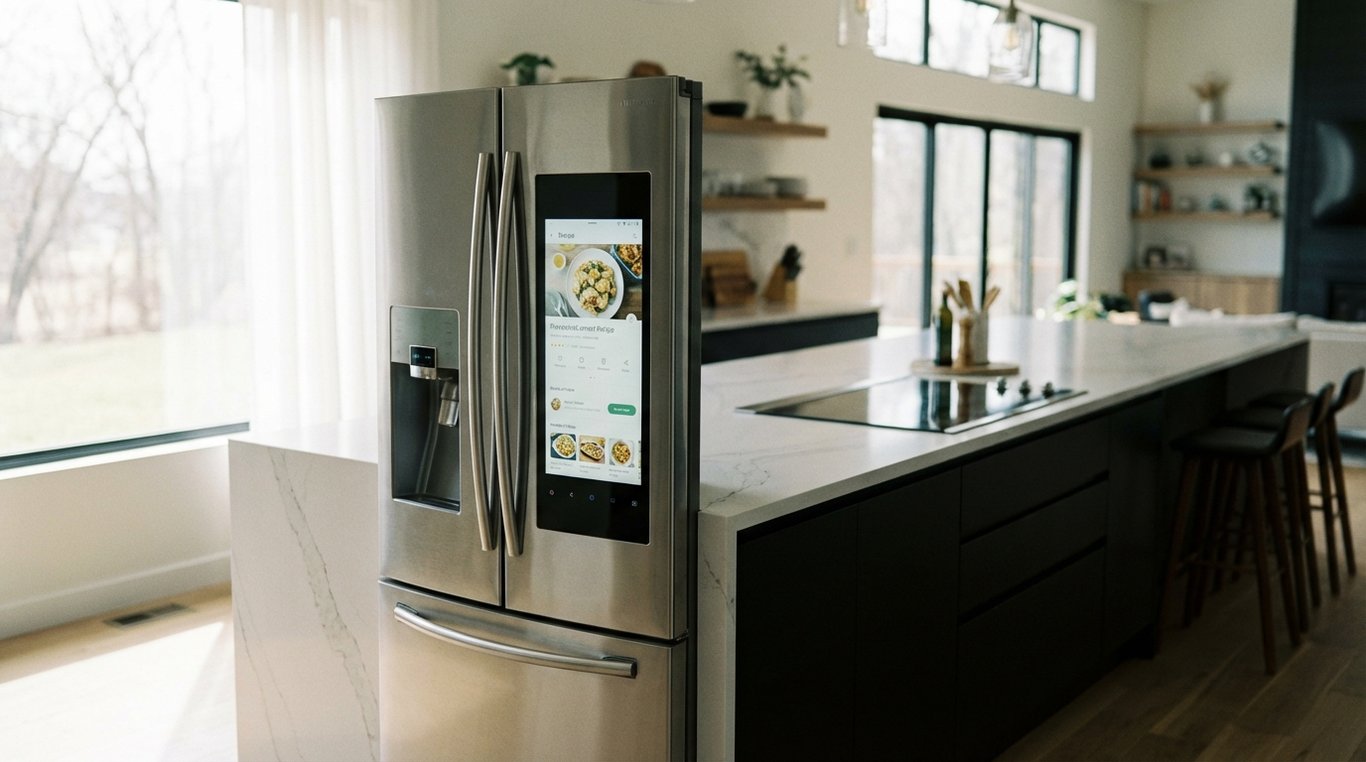 Modern kitchen with a stainless steel smart fridge showing a touchscreen