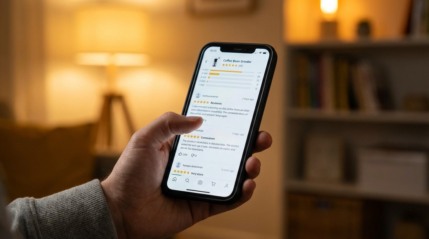 Smartphone screen showing a list of product reviews with star ratings