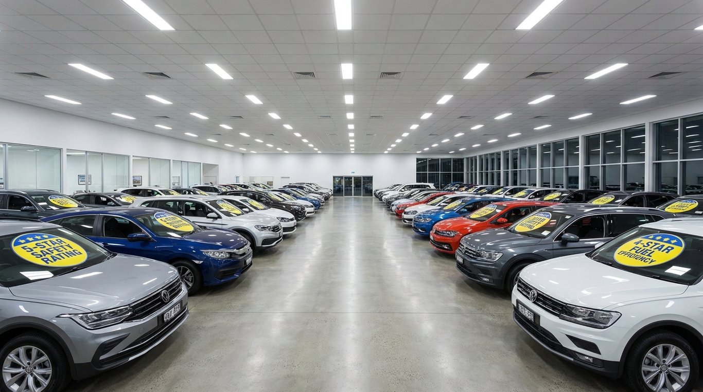 Dealership showroom with several cars displaying star-rating stickers on their windscreens