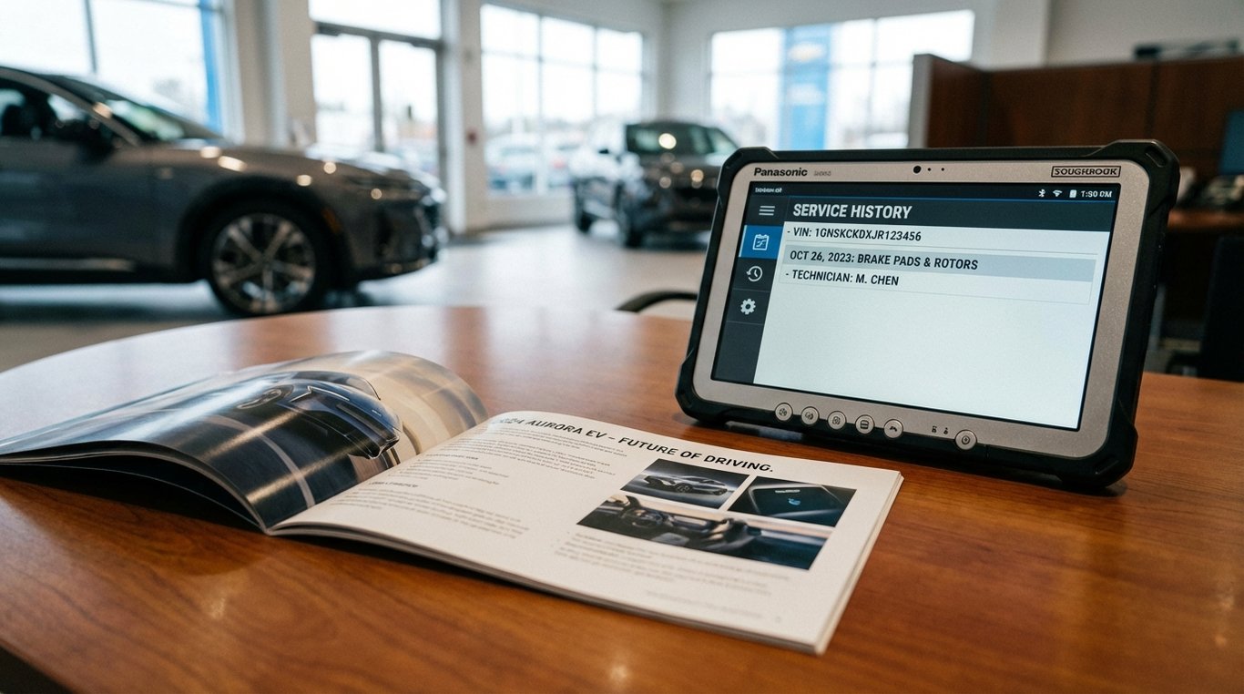 Dealer brochure beside a technician's tablet displaying service records