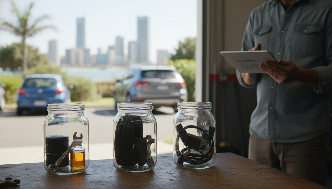 Three glass jars on a garage bench holding car parts (oil filter, tyre tread, sensor), mechanic checking a tablet, cars parked outside.