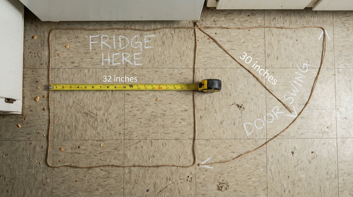 Tape measure and string showing fridge footprint and door swing arc on a kitchen floor