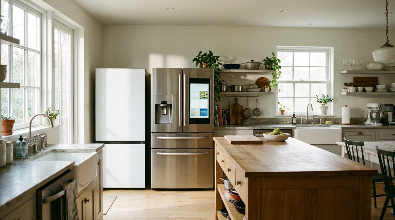A modern kitchen with a French-door fridge and a simpler bottom-mount fridge side by side