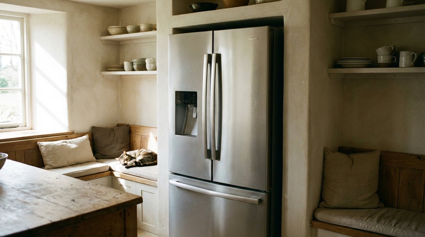 Freestanding refrigerator in a kitchen alcove showing hinge side and nearby bench