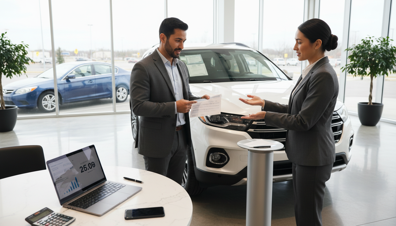Buyer reviews itemised out‑the‑door quote with dealer beside an SUV in a showroom