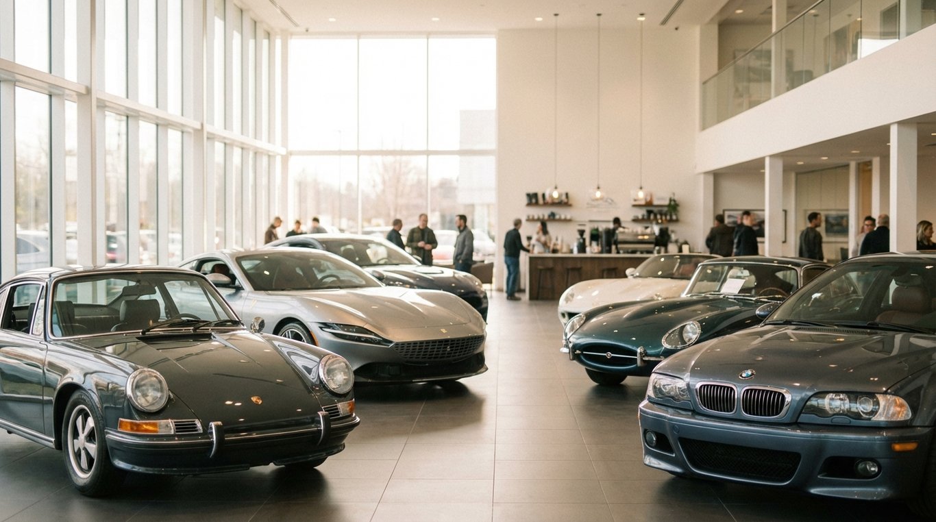 Car showroom with multiple vehicles showing drivetrain badges